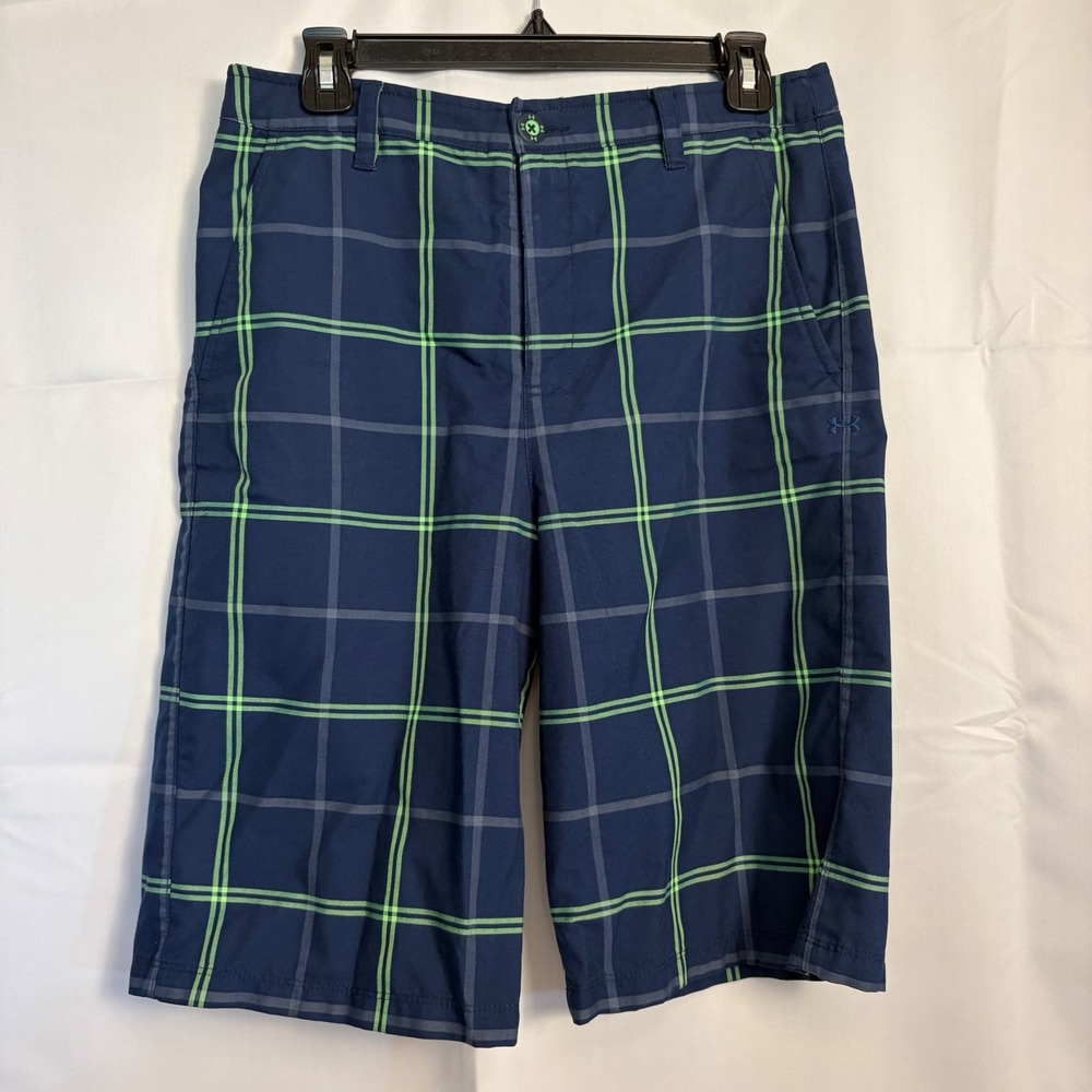 Under Armour Boys Plaid Golf Shorts Navy Blue Lime Green HeatGear YXL 1291672‎